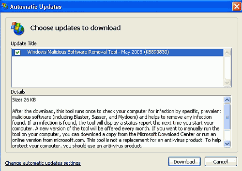 Cuando se ejecuta, el archivo muestra en pantalla una ventana con el título "Automatic Updates", que simula ser una actualización de Microsoft para la herramienta de eliminación de malware
