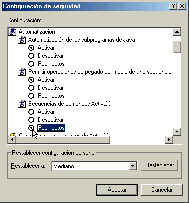 Busque en la lista de Configuracin, "Automatizacin" y marque la opcin "Pedir datos" bajo "Secuencias de comandos ActiveX".