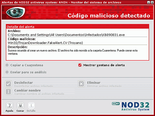 La verdadera ventana de alerta de la versión 2.7 de NOD32